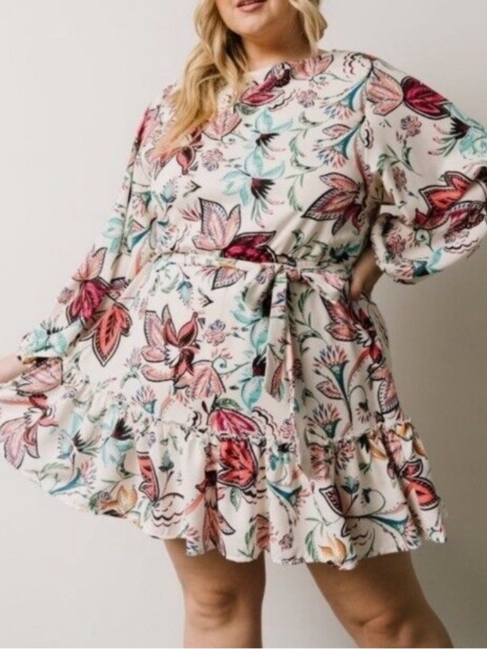Baltic Born Floral Ruffle Mini Dress - Cream with Pink & Teal Accents